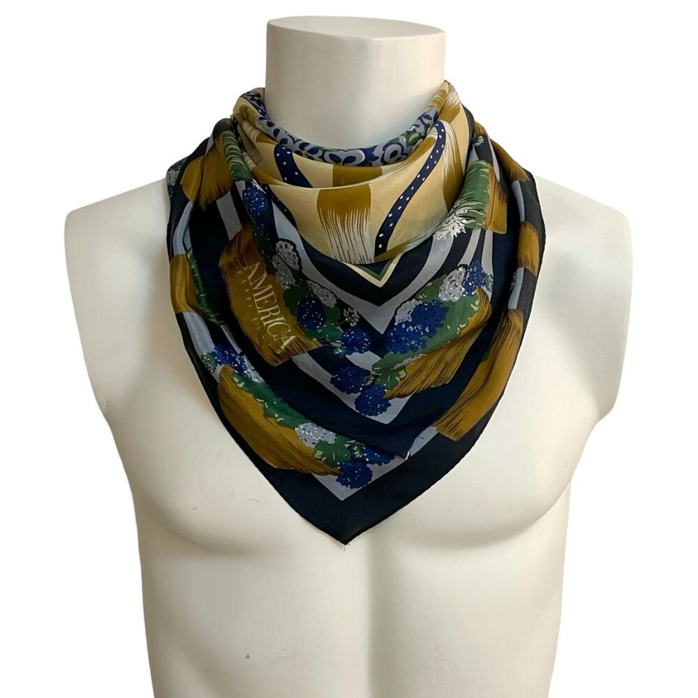 Perry Ellis AMERICA Vintage Silk Scarf Floral Basket Print 30" × 30"